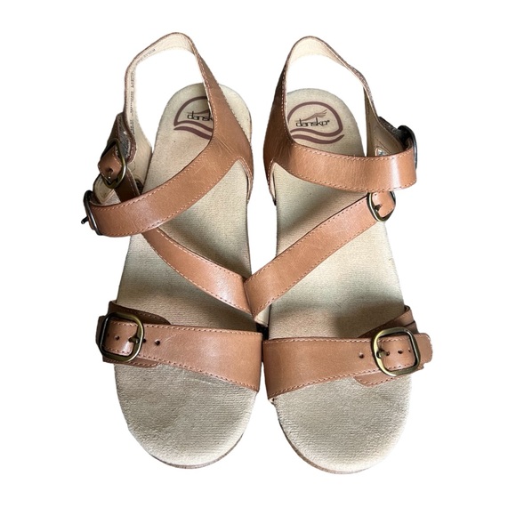 Dansko Brown & Gold Wood Sandal Wedges Velcro Straps Size 7 - Picture 2 of 6